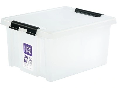 Ящик 500х390х255 с крышкой на клипсах, объем 36, прозрачный, код:28551