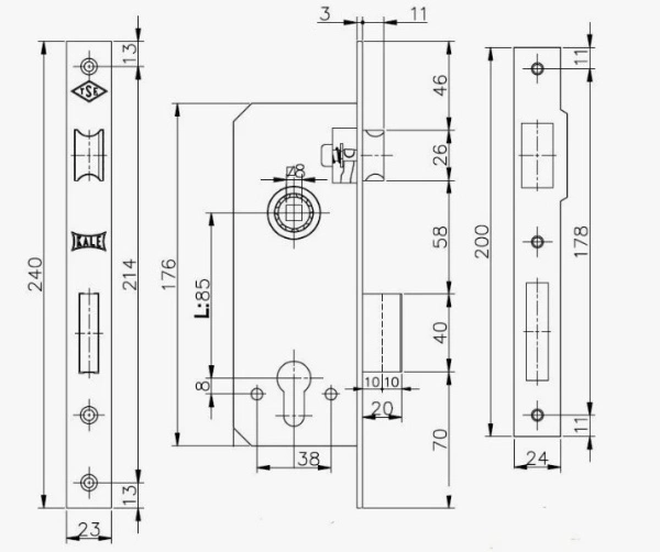 KALE 152/R 40mm W/B латунь б/мех.секр Замок врезной б/руч (30)
